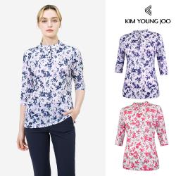 [핫딜] 김영주 여성 골프웨어 봄 여름 라포리 패턴 5부 냉감 기능성 메쉬 셔츠 티셔츠 상의